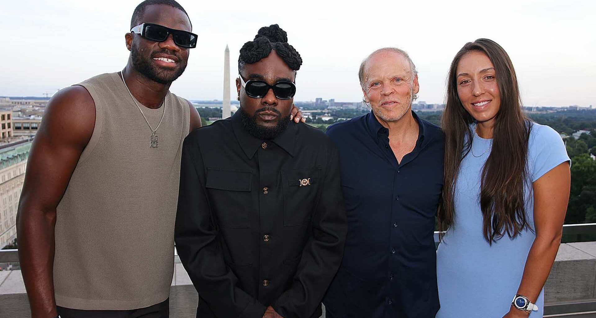 Frances Tiafoe, Wale, Tournament Director Mark Ein and Jessica Pegula at the player party in Washington.