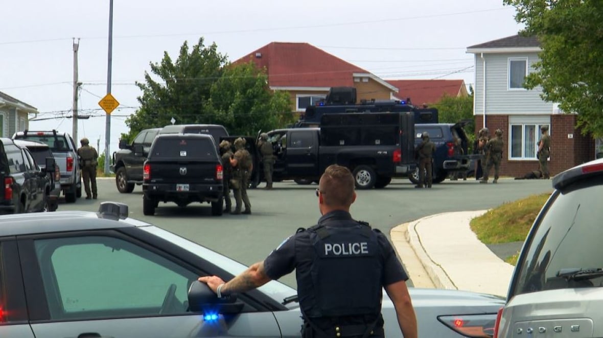 Police officers in a residential area.