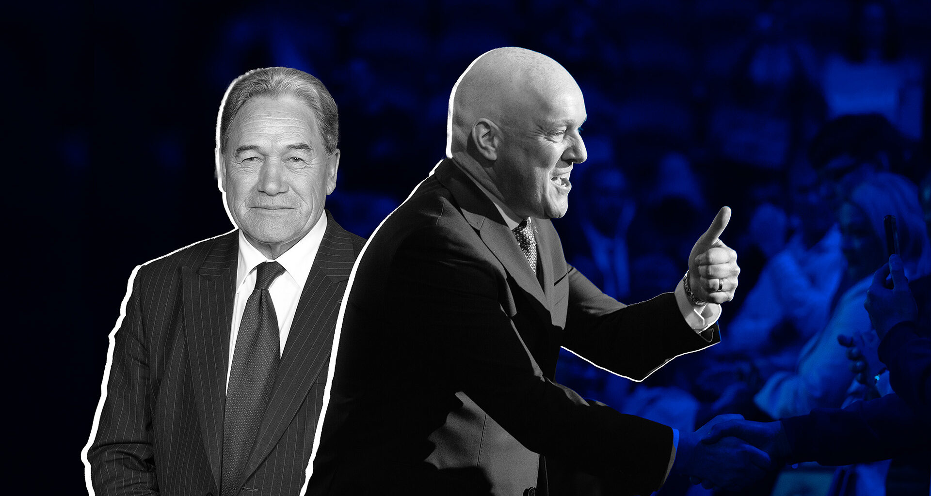 A composite image of Winston Peters smiling and Christopher Luxon giving a thumbs up