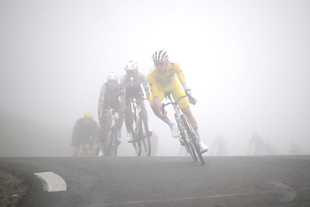 LUCHON-SUPERBAGNERES, FRANCE - JULY 19: Tadej Pogacar of Slovenia and UAE Team Emirates - XRG - Yellow leader jersey competes during the 112th Tour de France 2025, Stage 14 a 182.6km stage from Pau to Luchon-Superbagneres 1794m / #UCIWT / on July 19, 2025 in Luchon-Superbagneres, France. (Photo by Tim de Waele/Getty Images)