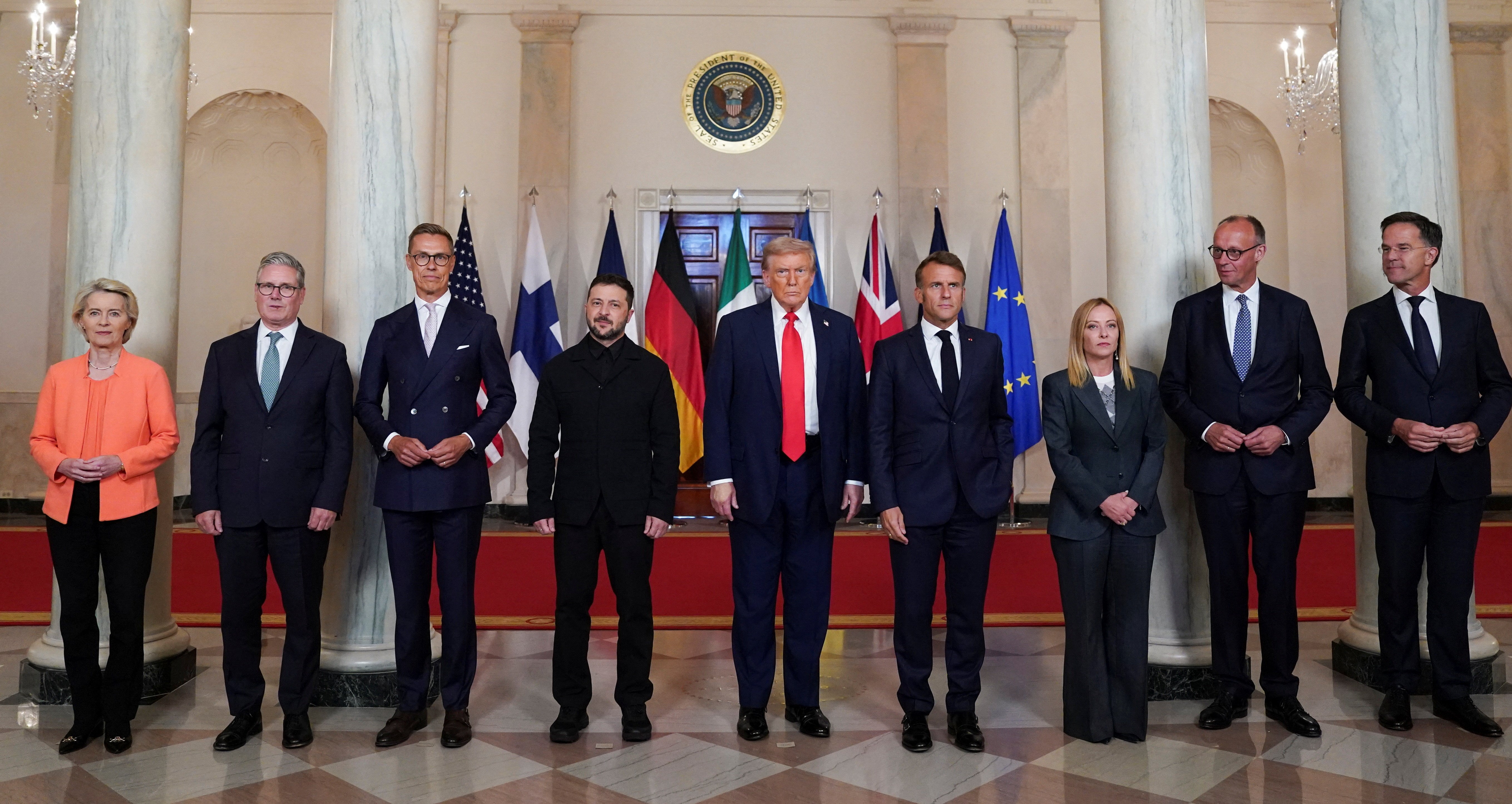 Group photo of President Trump with Ukrainian President Zelenskiy and other European leaders at the White House.