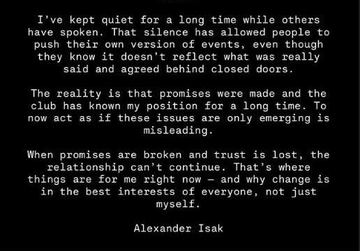 Alexander Isak's statement on being recognized for PFA Premier League Team of the Season and addressing ongoing issues.
