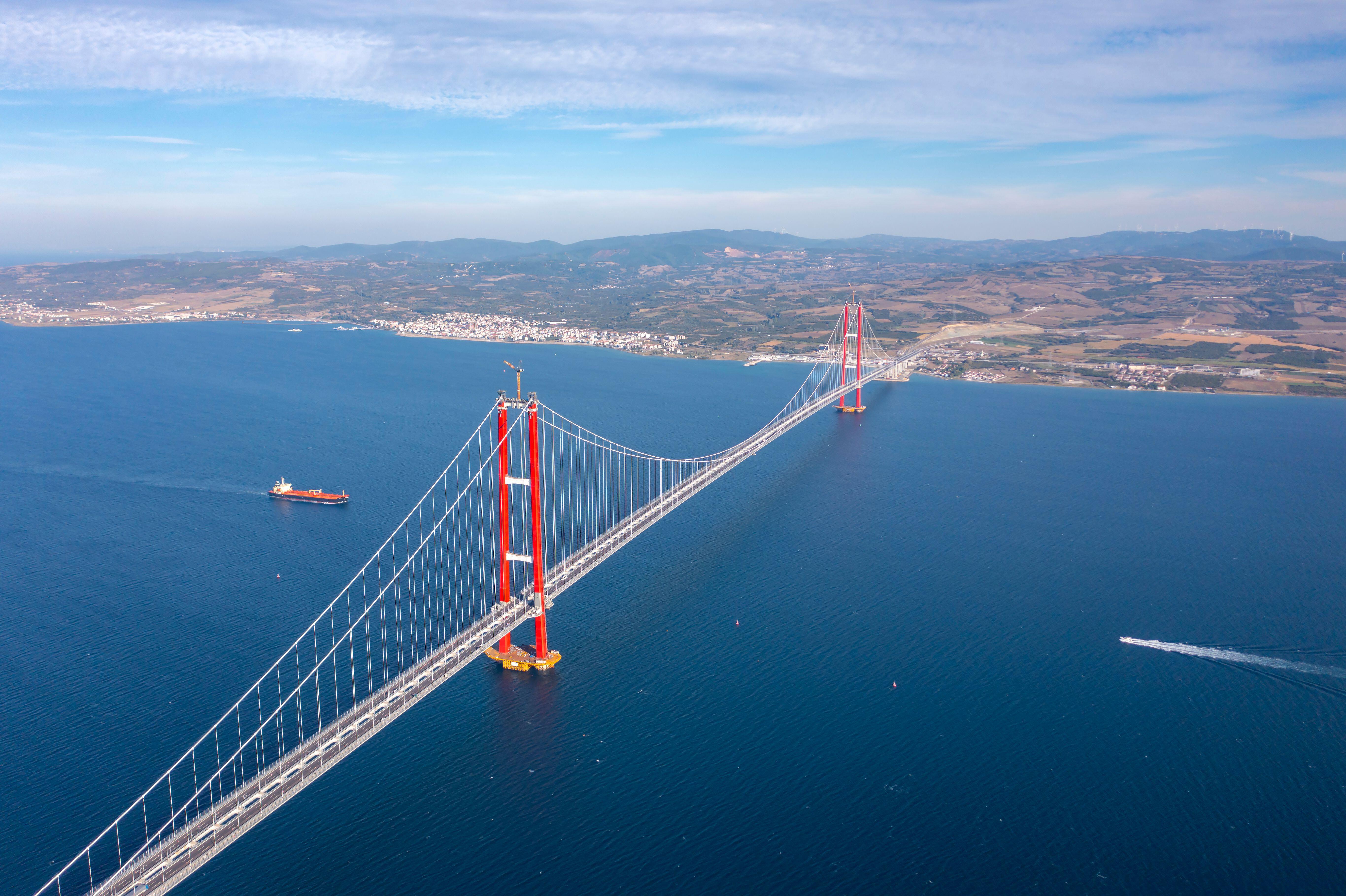 Aerial view of the Çanakkale Bridge in Turkey.