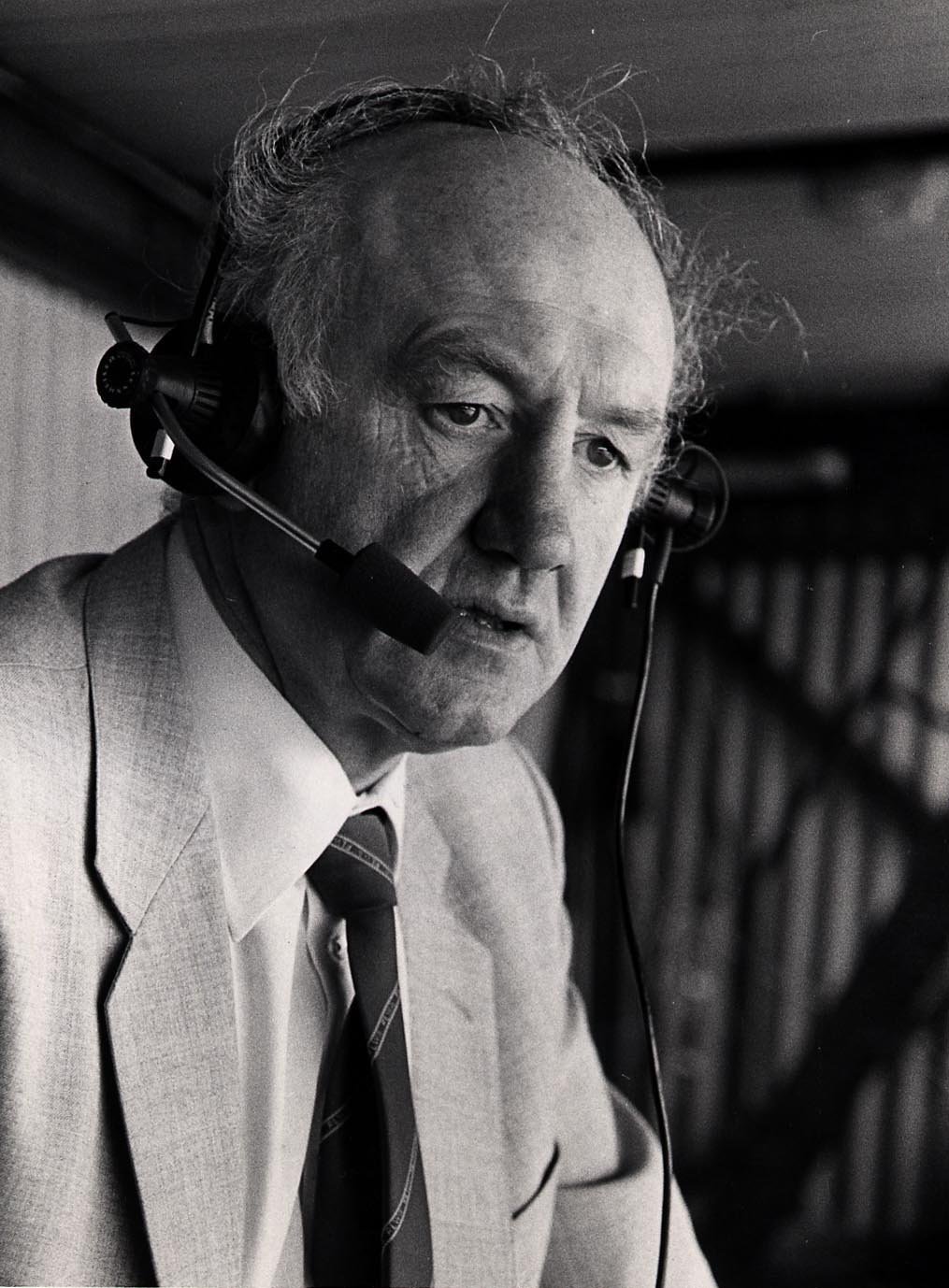 Black and white photo of Ray French, a BBC Rugby League commentator.