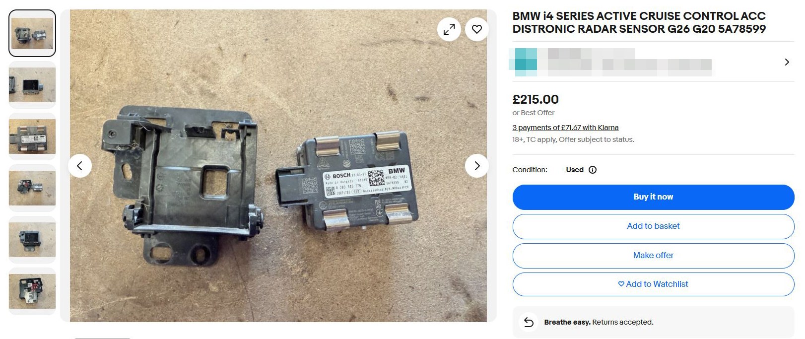 Screenshot of an eBay listing for a used BMW i4 series active cruise control radar sensor.