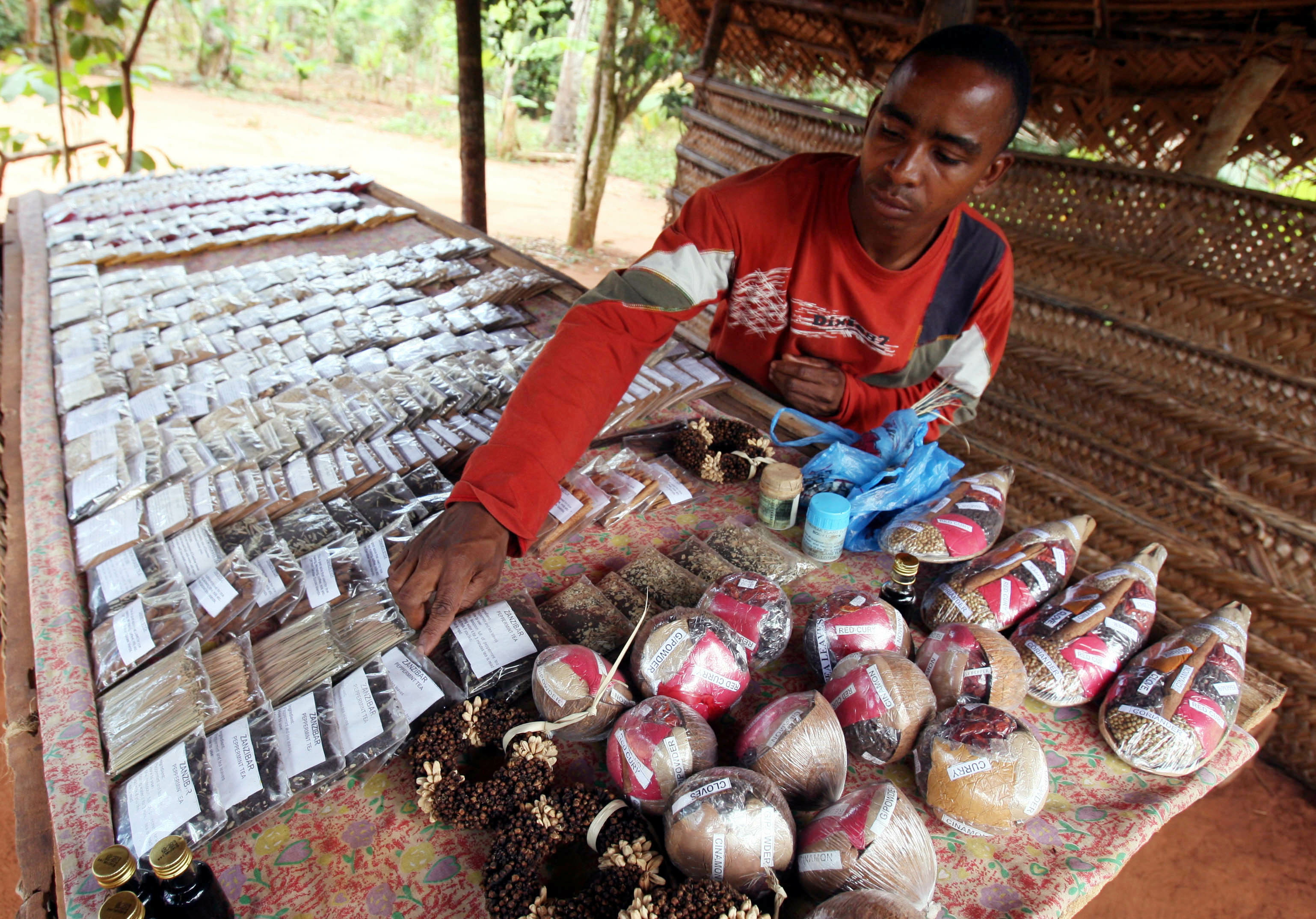 Zanzibar spice farmer arranging various spices at his family farm shop.