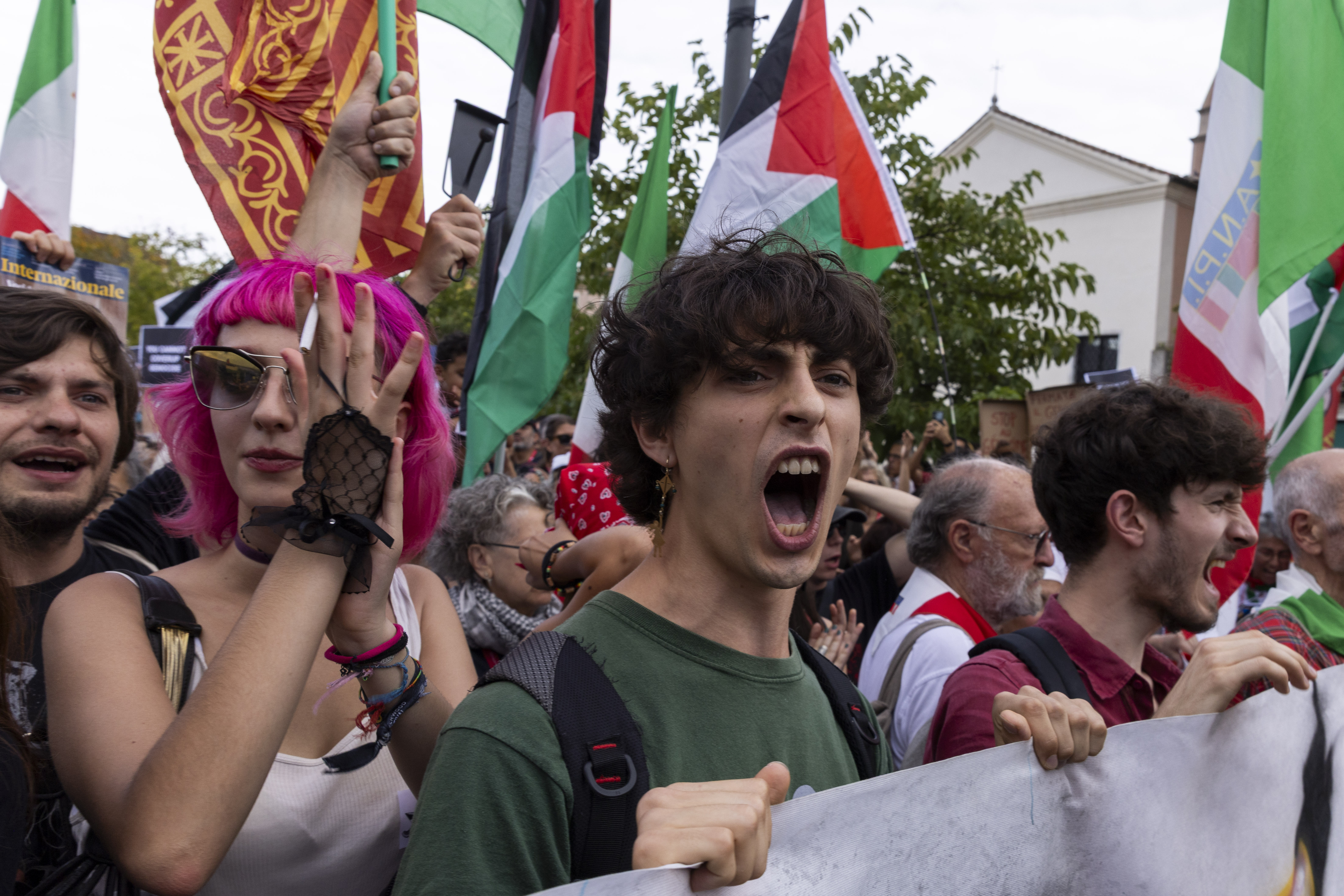 Pro-Palestinian demonstrators at the Venice Film Festival holding Palestinian flags and banners.