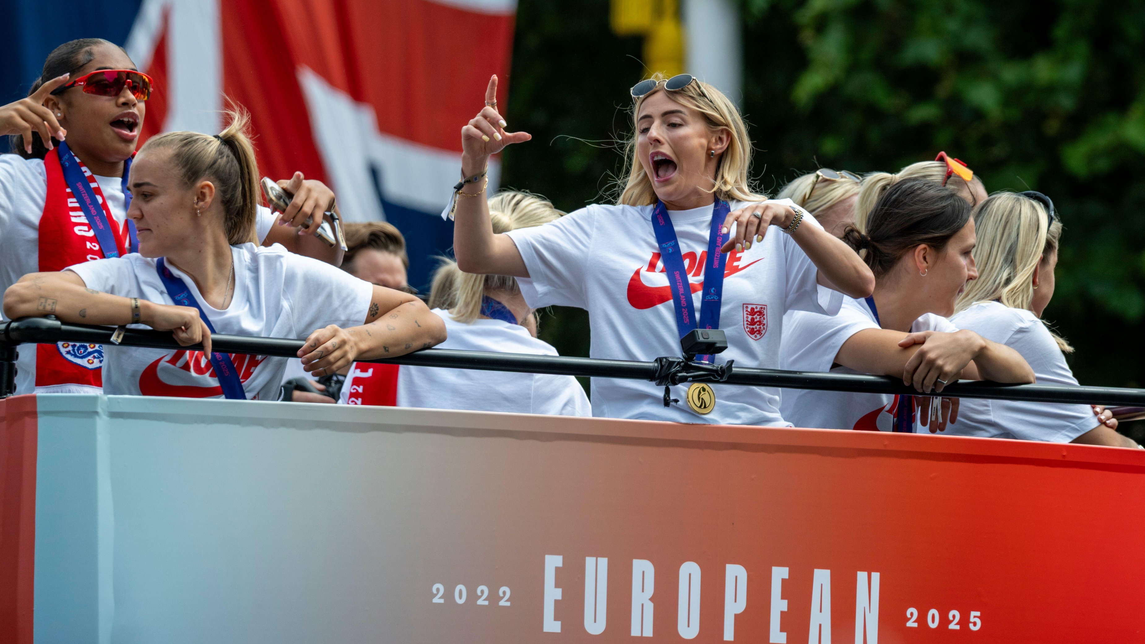 The Lionesses, England's women's football team, in a celebratory open-top bus parade.