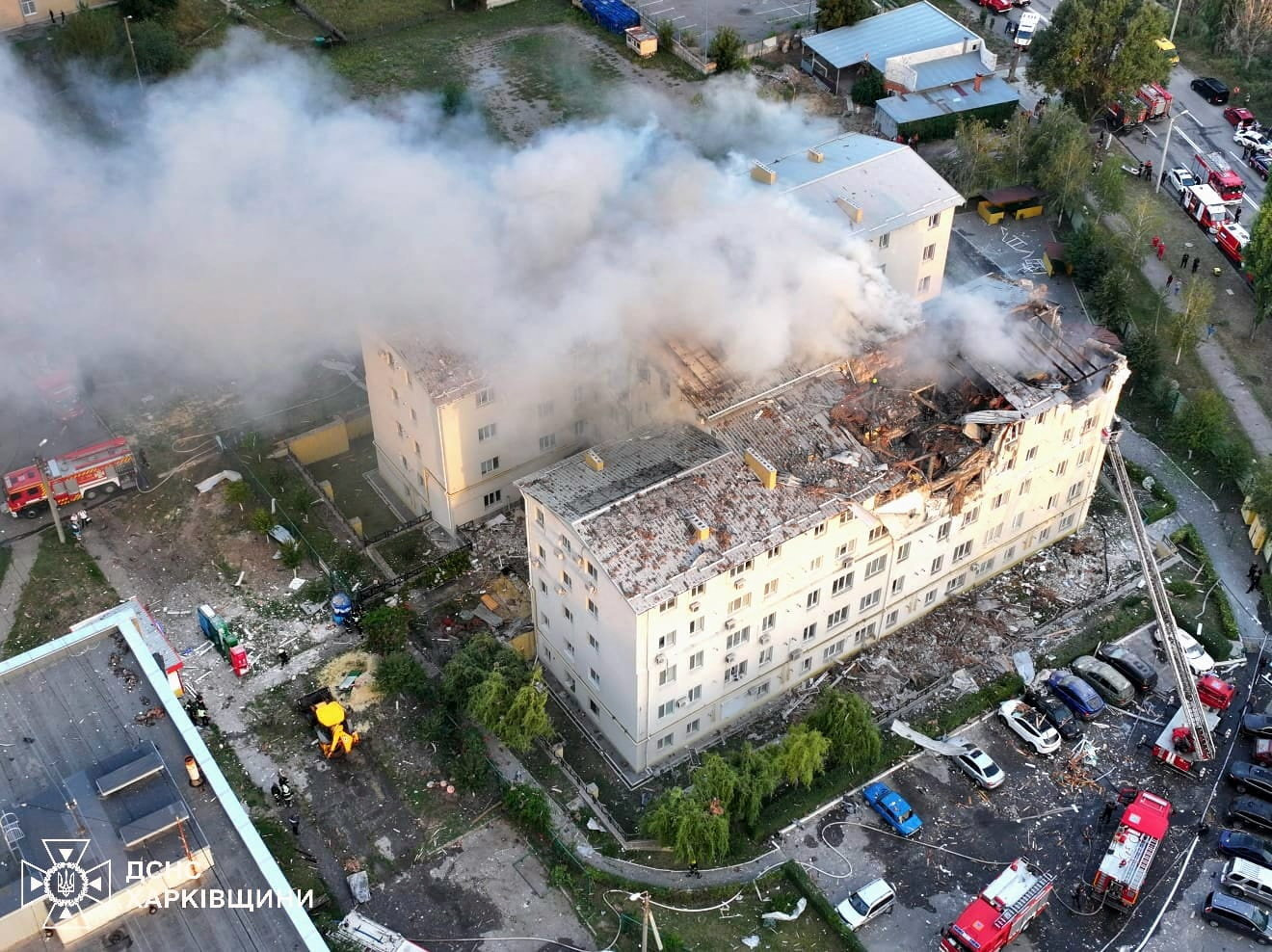 Aftermath of a Russian drone attack on a building in Kharkiv, Ukraine.
