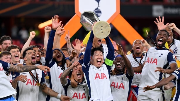 BILBAO, SPAIN - MAY 21: Son Heung-Min of Tottenham Hotspur lifts the FA Cup trophy after his team's victory in the UEFA Europa League Final 2025 between Tottenham Hotspur and Manchester United at Estadio de San Mames on May 21, 2025 in Bilbao, Spain. (Photo by Justin Setterfield/Getty Images)
