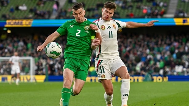 Dublin , Ireland - 4 June 2024; Seamus Coleman of Republic of Ireland is tackled by Milos Kerkez of Hungary during the international friendly match between Republic of Ireland and Hungary at Aviva Stadium in Dublin. (Photo By Ben McShane/Sportsfile via Getty Images)