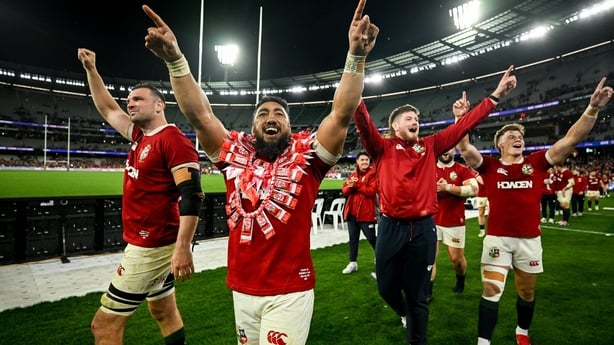 26 July 2025; Bundee Aki of British & Irish Lions celebrates after the second test match between Australia and the British & Irish Lions at the Melbourne Cricket Ground in Melbourne, Australia. Photo by Brendan Moran/Sportsfile