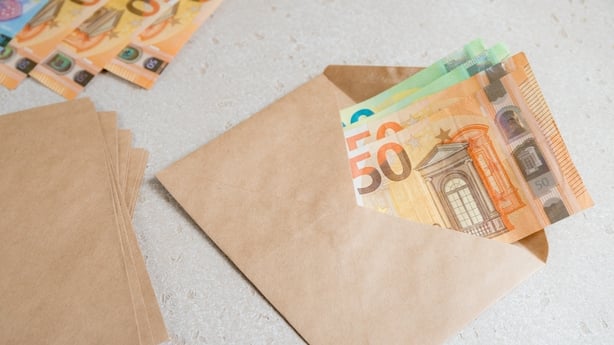 Concept of cash envelopes system for savings, Euro banknotes in a craft envelope for categories.
