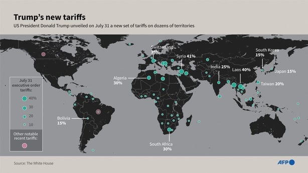 Infographic map showing new tariffs imposed by US President Donald Trump 