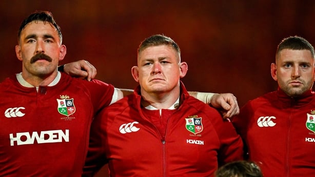 19 July 2025; British & Irish Lions players, from left, Jack Conan, Tadhg Furlong and Finn Russell before the first test match between Australia and the British & Irish Lions at Suncorp Stadium in Brisbane, Australia. Photo by Brendan Moran/Sportsfile