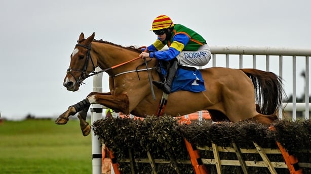 Rachael Blackmore and Clifton Warrior jumping the last to win the Maiden Hurdle at Thurles in 2021
