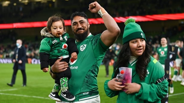 19 March 2022; Bundee Aki of Ireland celebrates with his one year old son Andronicus Junior Papamauin after the Guinness Six Nations Rugby Championship match between Ireland and Scotland at Aviva Stadium in Dublin. Photo by Harry Murphy/Sportsfile
