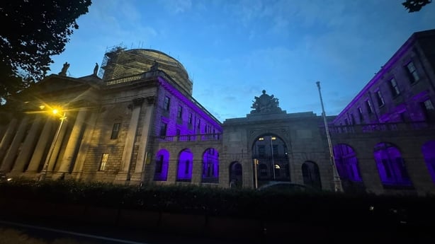 The Four Courts is one of 15 public buildings which will be lit up in purple until 15 August by the Dublin Rape Crisis Centre in solidarity with survivors of sexual violence, including Nikita Hand