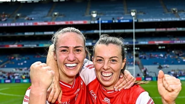 Kate Flood, left, and Eimear Murray of Louth after winning 2025 TG4 All-Ireland junior title