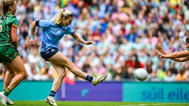 3 August 2025; Nicole Owens of Dublin shoots to score her side's first goal during the TG4 All-Ireland Ladies Football Senior Championship final match between Dublin and Meath at Croke Park in Dublin. Photo by Shauna Clinton/Sportsfile 