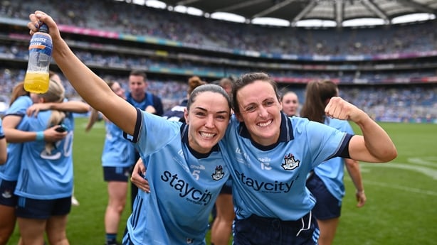 Sinéad Goldrick Goldrick, left, and Hannah Tyrrell of Dublin celebrate after their side's victory in the TG4 All-Ireland Ladies Football Senior Championship final match between Dublin and Meath at Croke Park 