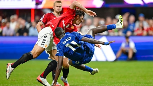 ATLANTA, GA AUGUST 03: Thierno Mamadou Barry #11 of Everton receives a challenge from Harry Maguire #5 of Manchester United during the Premier League Summer Series match between Manchester United and Everton AFC on August 3rd, 2025 at Mercedes-Benz Stadium in Atlanta, GA. (Photo by Rich von Biberste
