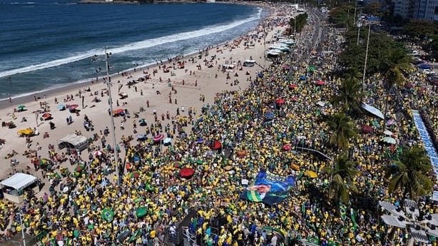 Aerial view of supporters of former Brazilian President Jair Bolsonaro attending a demonstration in his favor in Rio de Janeiro.
