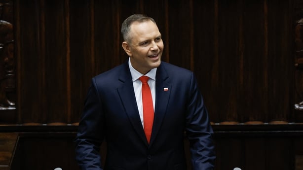 Poland's President-elect Karol Nawrocki speaks before he is sworn in at the National Assembly at Poland's parliament