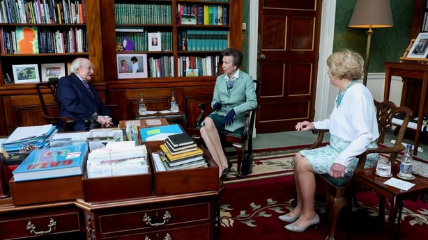 President Higgins and Sabina Higgins speaking with Princess Anne