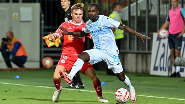 James Norris of Shelbourne (L) in action against Merveil Ndockyt of Rijeka - Europa League, August 2025