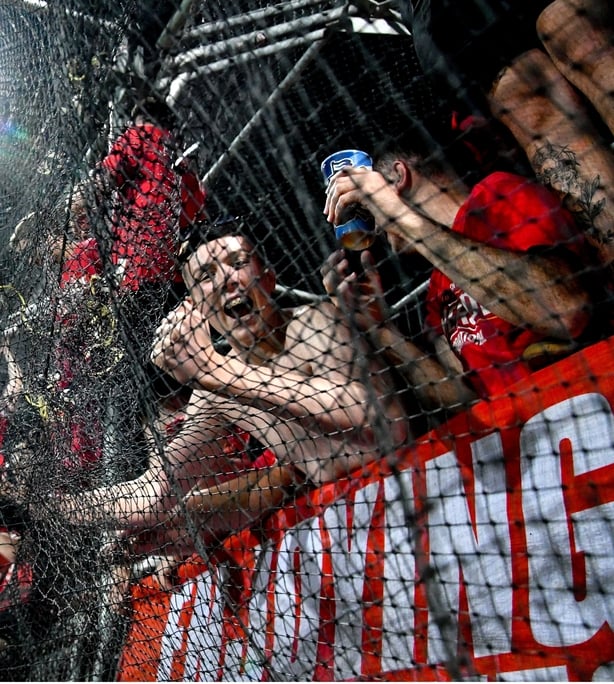 6 August 2025; Shelbourne supporters celebrate after the UEFA Europa League third qualifying round first leg match between Rijeka and Shelbourne at HNK Rijeka Stadium Rujevica in Rijeka, Croatia. Photo by Natasa Kupljenik/Sportsfile