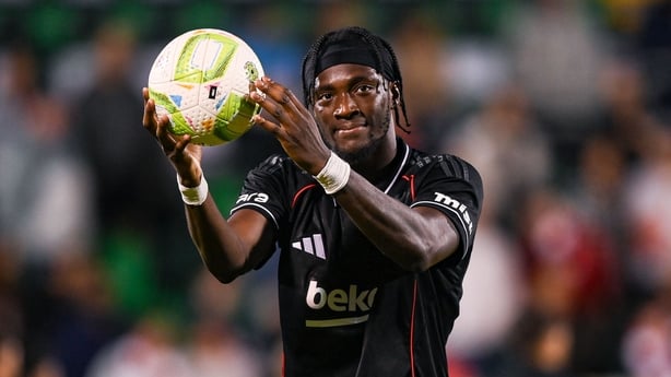 7 August 2025; Tammy Abraham of Besiktas with the matchball after the UEFA Conference League Third Qualifying Round first leg match between St Patrick's Athletic and Besiktas at Tallaght Stadium in Dublin. Photo by Stephen McCarthy/Sportsfile