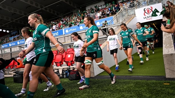 9 August 2025; The Ireland team walk out before the Women's Rugby World Cup warm-up match between Ireland and Canada at Affidea Stadium in Belfast. Photo by Ramsey Cardy/Sportsfile