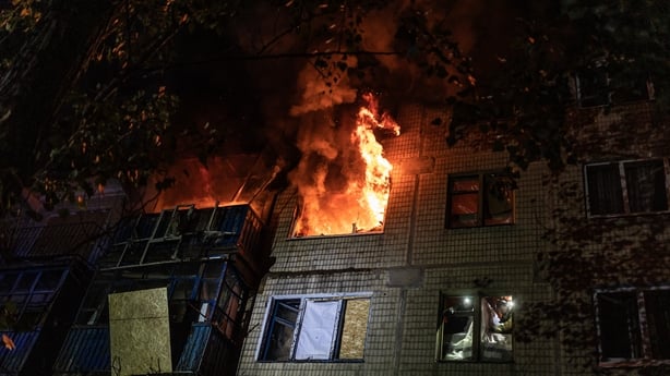 KOSTIANTYNIVKA, UKRAINE - AUGUST 10: Ukrainian firefighters extinguish a fire after a Russian multiple rocket launcher strike on a residential building in Kostiantynivka, Ukraine, August 10, 2025. (Photo by Diego Herrera Carcedo/Anadolu via Getty Images)
