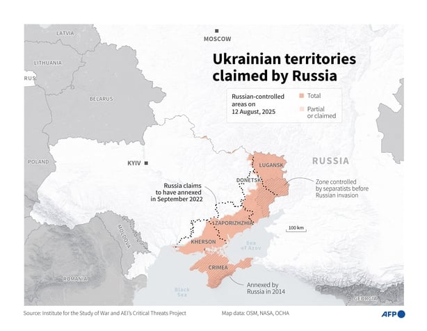 a Map highlights in red colouring on a white background the level of territory held by Russia i nUkraine