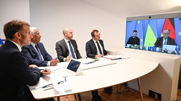 (From left) France's President Emmanuel Macron, European Council President Antonio Costa, France's Foreign Minister Jean-Noel Barrot and France's Minister of Armed Forces Sebastien Lecornu attend a video conference on Ukraine with Ukraine's President Volodymyr Zelensky and German Chancellor Friedric