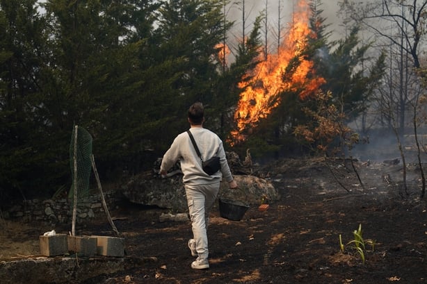 A resident uses a bucket of water to try to put out a wildfire in northwestern Spain
