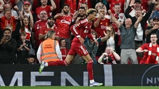 Liverpool's French striker #22 Hugo Ekitike celebrates after scoring the opening goal of the English Premier League football match between Liverpool and Bournemouth