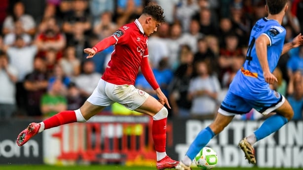 15 August 2025; Owen Elding of Sligo Rovers scores his side's first goal during the Sports Direct Men's FAI Cup third round match between Bohemians and Sligo Rovers at Dalymount Park in Dublin. Photo by Stephen McCarthy/Sportsfile