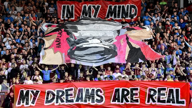 15 August 2025; Bohemians supporters before the Sports Direct Men's FAI Cup third round match between Bohemians and Sligo Rovers at Dalymount Park in Dublin. Photo by Stephen McCarthy/Sportsfile