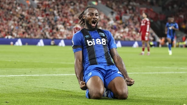 LIVERPOOL, ENGLAND - AUGUST 15: Antoine Semenyo of Bournemouth celebrates after he scores a goal to make it 2-2 during the Premier League match between Liverpool and Bournemouth at Anfield on August 15, 2025 in Liverpool, England. (Photo by Robin Jones - AFC Bournemouth/AFC Bournemouth via Getty Ima