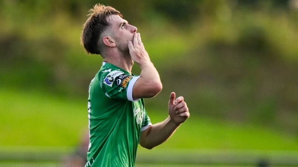 15 August 2025; Cian Brosnan of Kerry FC celebrates after scoring his side's first goal during the Sports Direct Men's FAI Cup third round match between Kerry FC and Cobh Ramblers at Mounthawk Park in Tralee, Kerry. Photo by Brendan Moran/Sportsfile