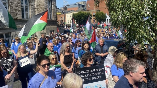 Healthcare workers marching during a protest in solidarity with colleagues in Gaza in Dublin city centre