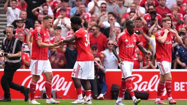 Nottingham Forest's Chris Wood (left) after scoring against Brentford in the Premier League, August 2025