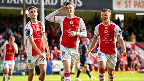 17 August 2025; Chris Forrester of St Patrick's Athletic, centre, celebrates with teammates Mason Melia, left, and Jamie Lennon after scoring their side's second goal, from a penalty, during the Sports Direct Men's FAI Cup third round match between St Patrick's Athletic and Shelbourne at Richmond Pa