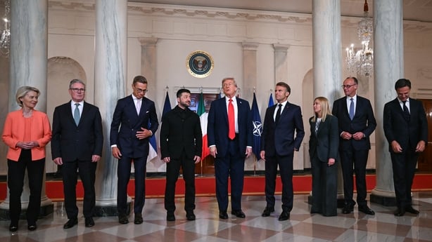European Commission President Ursula von der Leyen, British Prime Minister Keir Starmer, Finnish President Alexander Stubb, Ukrainian President Volodymyr Zelensky, US President Donald Trump, French President Emmanuel Macron, Italian Prime Minister Giorgia Meloni, German Chancellor Friedrich Merz and