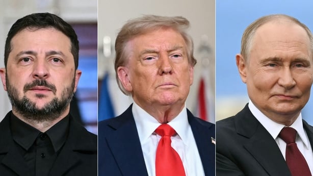 This combination of pictures shows US President Donald Trump, Ukrainian President Volodymyr Zelensky and Russian President Vladimir Putin 