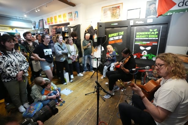 Ispini na hEireann plays at a music session staged at Connolly Books in Dublin's Temple Bar area to show solidarity for Kneecap's Liam Og O hAnnaidh after he appeared at Westminster Magistrates' Court, in London, charged with a terrorism offence. The 27-year-old, of Belfast, who performs under the s