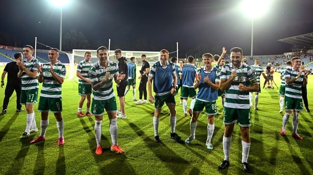 21 August 2025; Shamrock Rovers players celebrate after the UEFA Conference League Play-off Round first leg match between CD Santa Clara and Shamrock Rovers FC at the Estadio de São Miguel in Ponta Delgada, Portugal. Photo by Ben McShane/Sportsfile