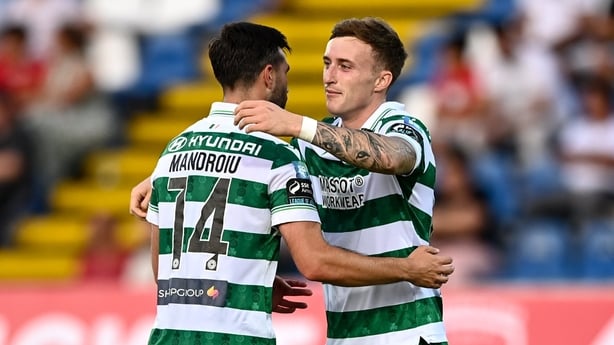 21 August 2025; Danny Grant of Shamrock Rovers, right, celebrates with team-mate Danny Mandroiu after scoring their side's first goal during the UEFA Conference League Play-off Round first leg match between CD Santa Clara and Shamrock Rovers FC at the Estadio de São Miguel in Ponta Delgada, Portugal